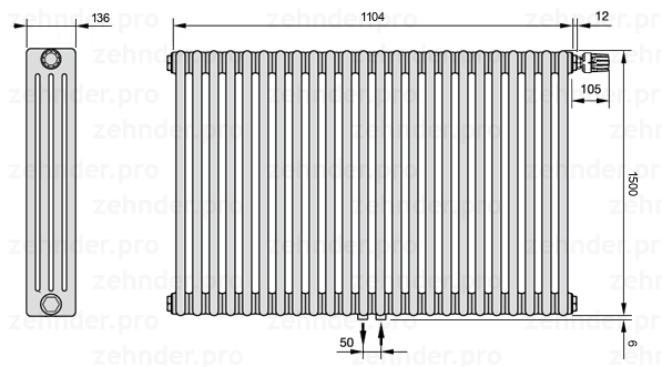 Схема (чертеж) Радиатор Zehnder Charleston 4150/24 №V008 Белый глянцевый RAL 9016